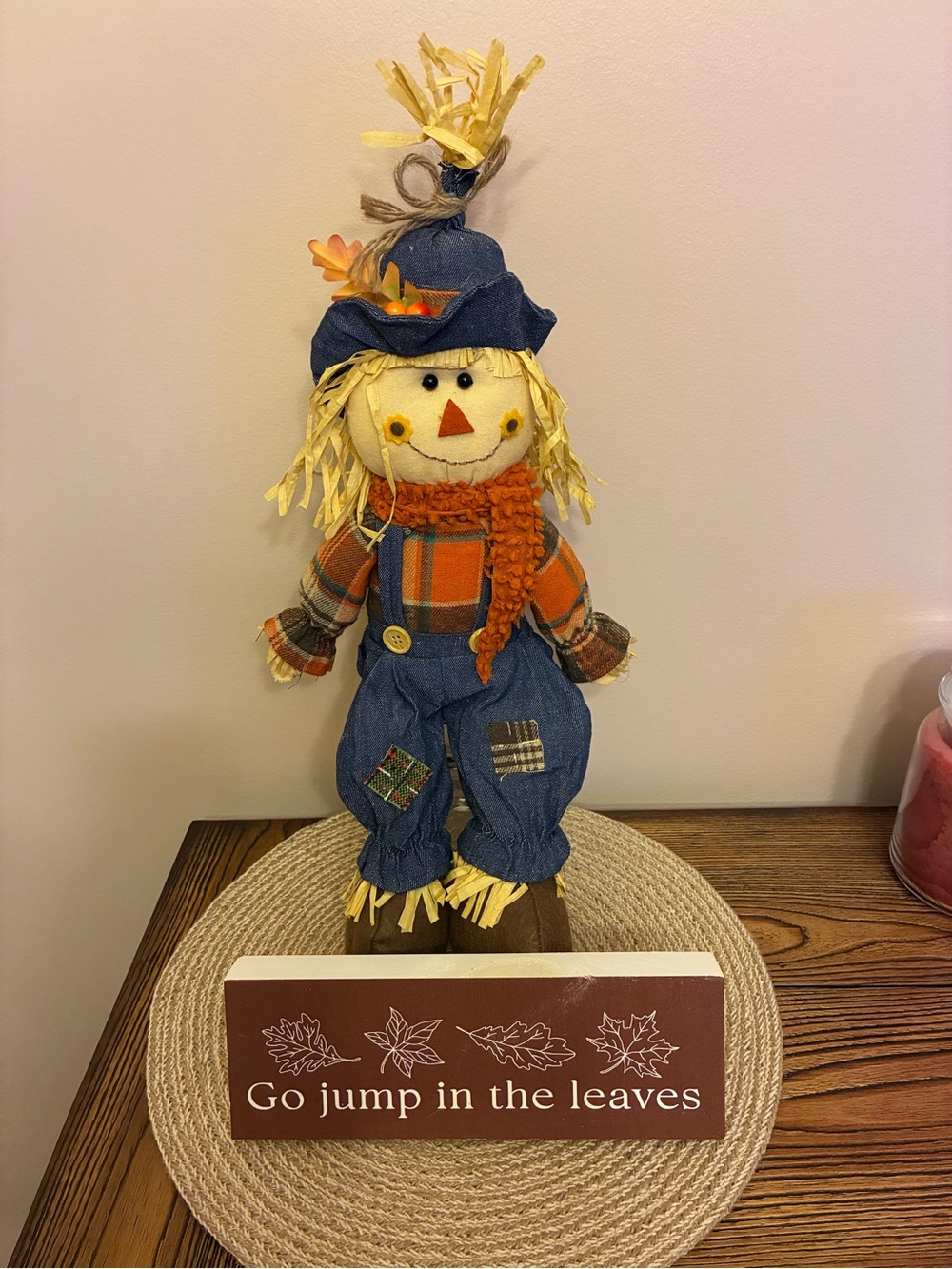 Hobby Lobby Orange and Blue Fall Scarecrow Figurine & Leaves Wood Block